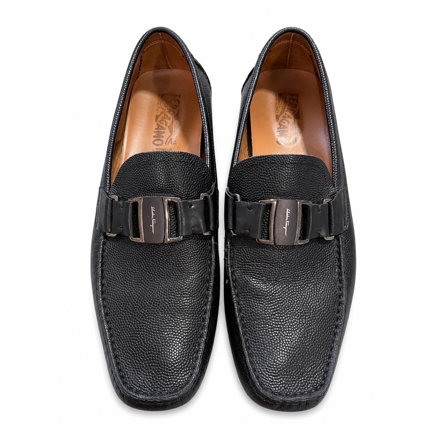 Salvatore Ferragamo Gancini Pebbled Leather Driver Loafers Black Mens Us 10 D